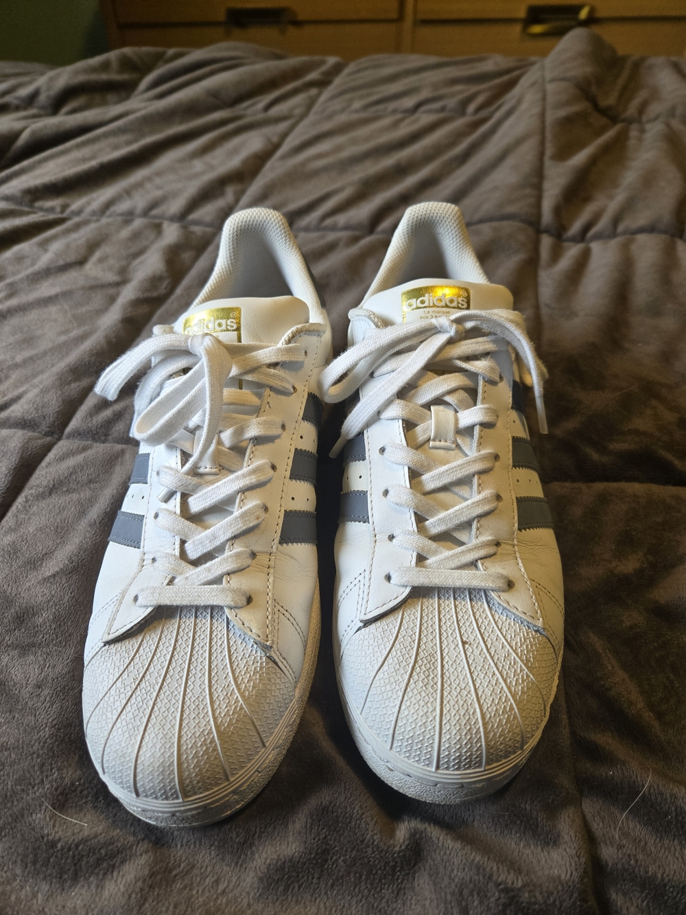 2 Shoes Adidas White & Gray Superstar Sneakers And Sketchers Slip Ons
